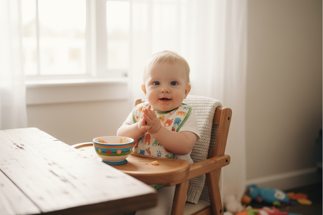 Blonde baby ready to eat