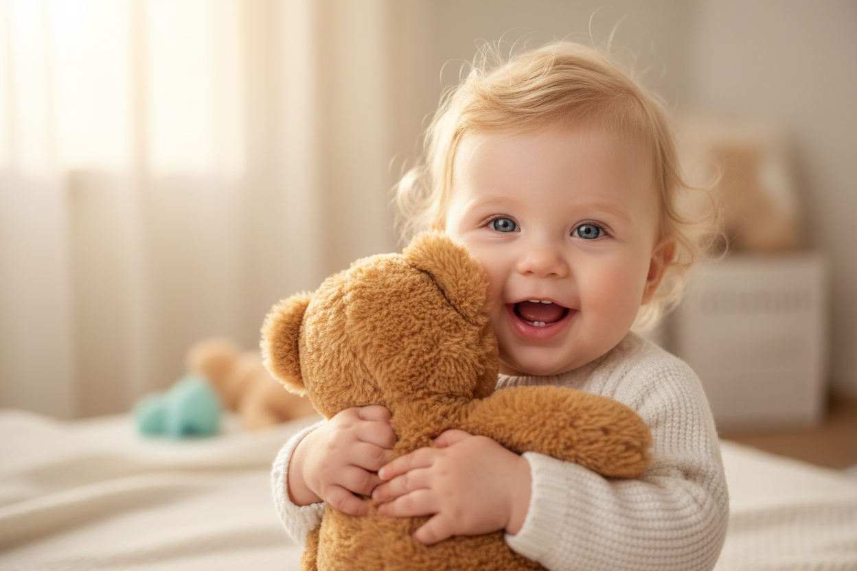 Blonde baby with blue eyes holding teddy bear